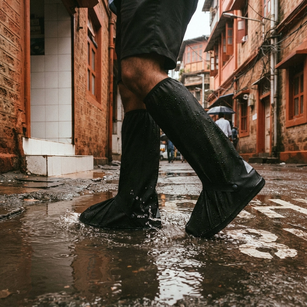 A person wearing waterproof shoe covers while walking on a wet Mumbai street during the monsoon season.