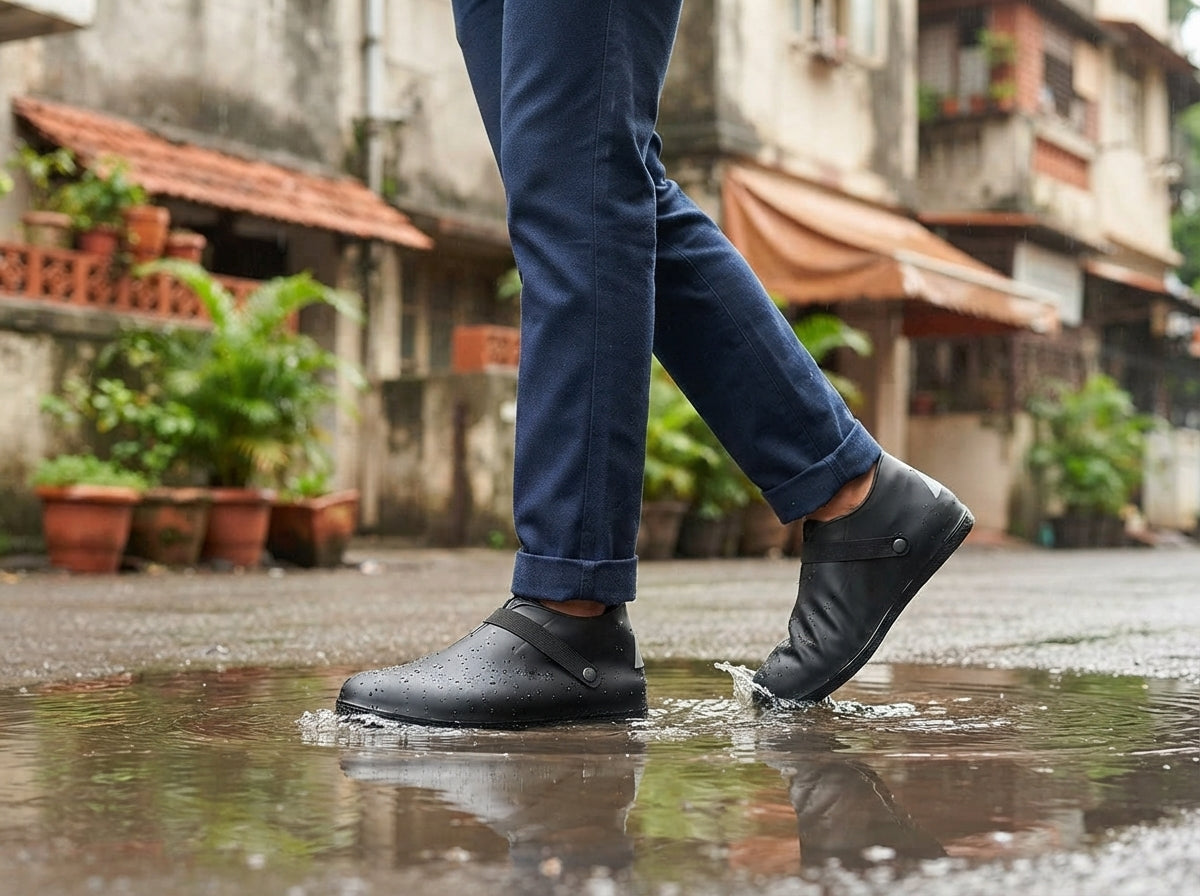 South Asian man wearing waterproof silicone shoe covers over formal leather shoes while walking through a shallow street pudd