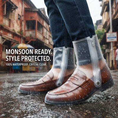 Waterproof silicone shoe covers worn over leather loafers on a wet street during a monsoon.